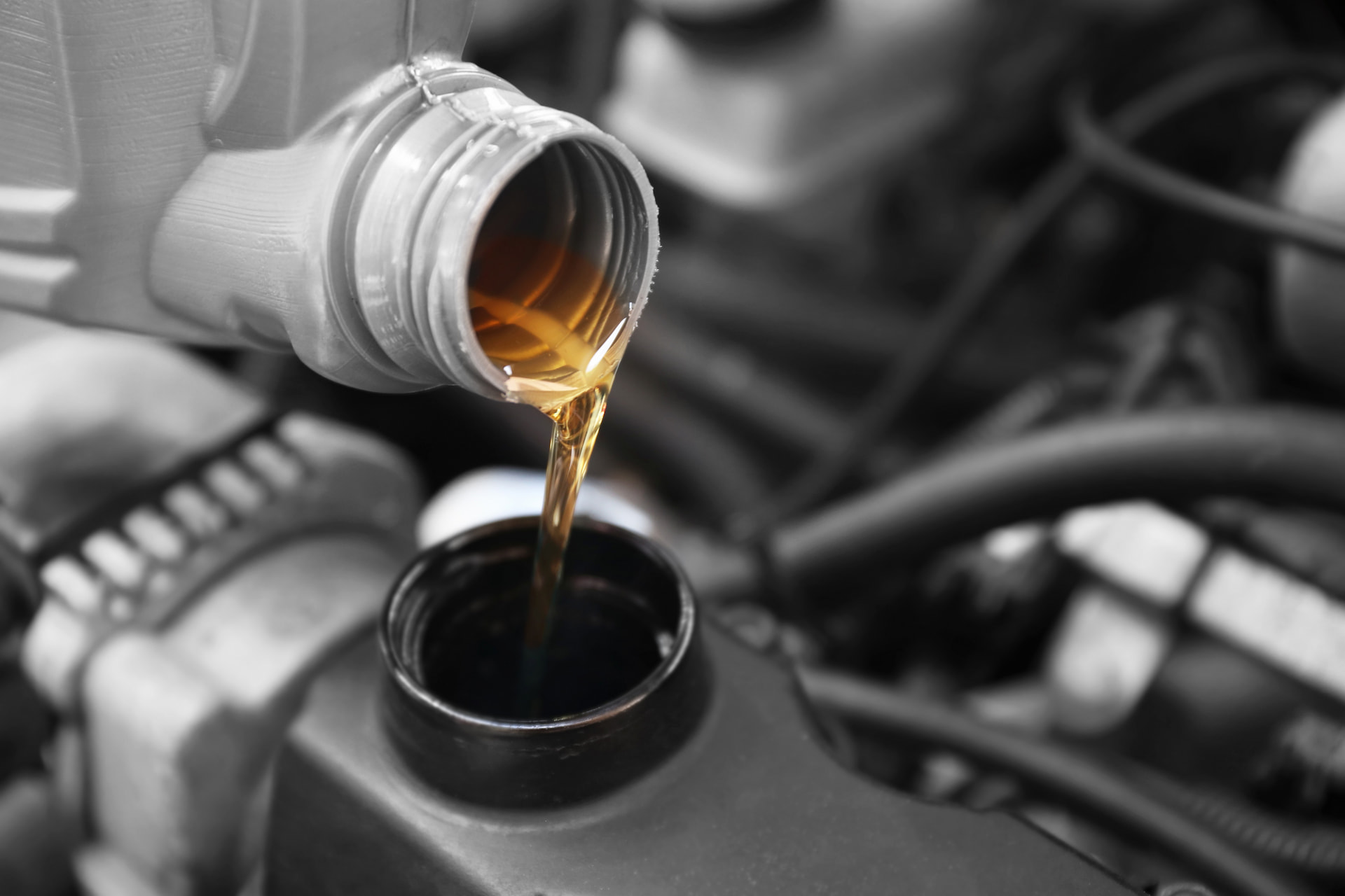 Oil being poured into engine during an oil change service
