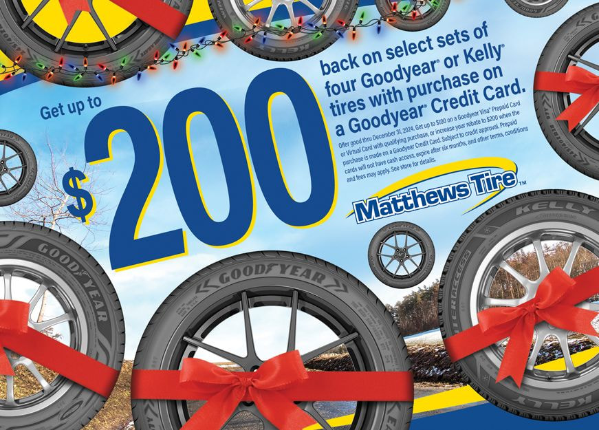 Get up to $20v0 back on select sets of four Goodyear tires with purchase on a Goodyear Credit Card.