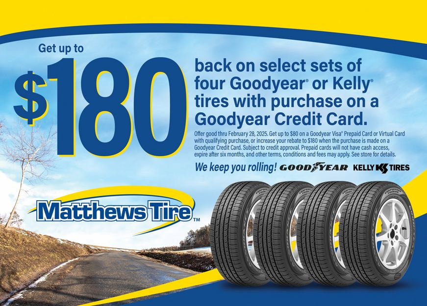 Get up to $180 back on select sets of four Goodyear or Kelly tires with purchase on a Goodyear Credit Card.