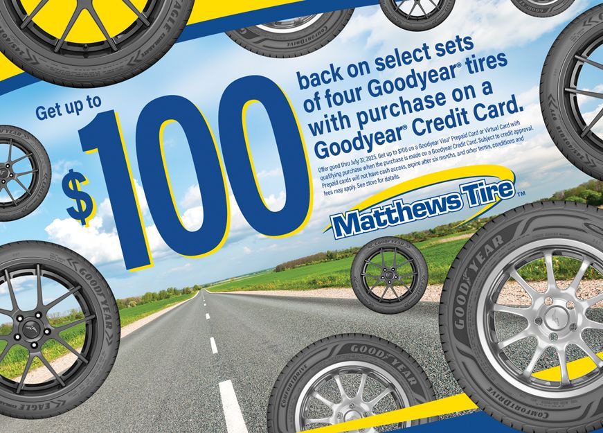 Get up to $100 back on select sets of four Goodyear tires and service with purchase on a Goodyear credit card.